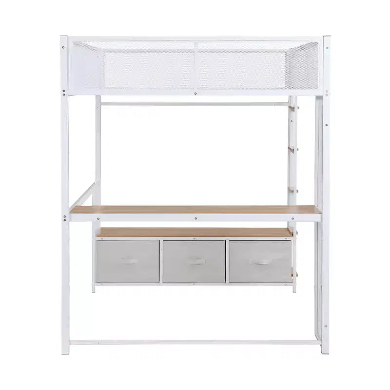 Letto a Soppalco da Gaming in Metallo a Dimensione Intera con Luci a LED, Scrivania, Armadio Aperto e 3 Cassetti, Bianco