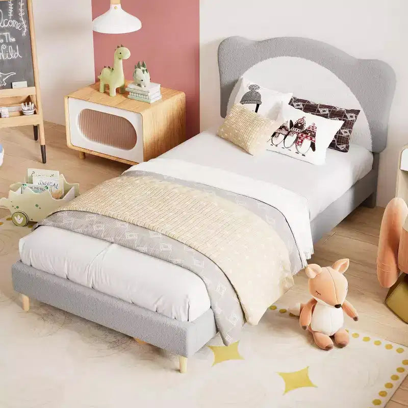 Telaio letto imbottito singolo/matrimoniale con testiera a forma di panda, letto a piattaforma in pile Berber per ragazze e ragazzi, nessuna rete a molle necessaria, doghe in legno stabili