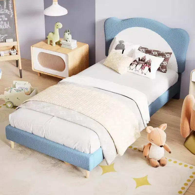 Telaio letto imbottito singolo/matrimoniale con testiera a forma di panda, letto a piattaforma in pile Berber per ragazze e ragazzi, nessuna rete a molle necessaria, doghe in legno stabili