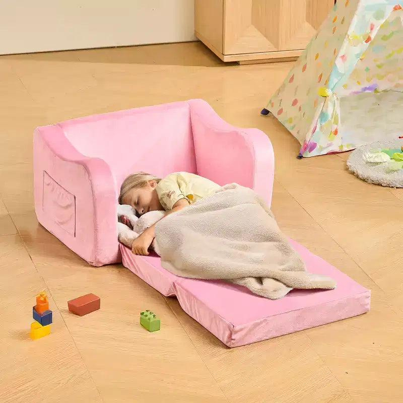 Divano per bambini pieghevole 2 in 1, divanetto convertibile in chaise longue, schiuma 28D, rosa
