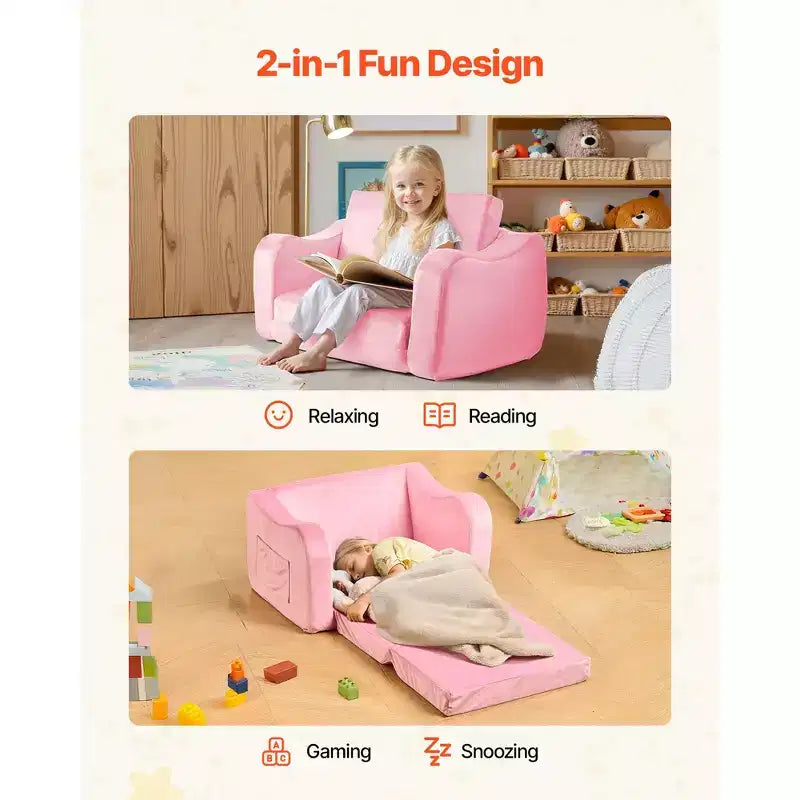 Divano per bambini pieghevole 2 in 1, divanetto convertibile in chaise longue, schiuma 28D, rosa