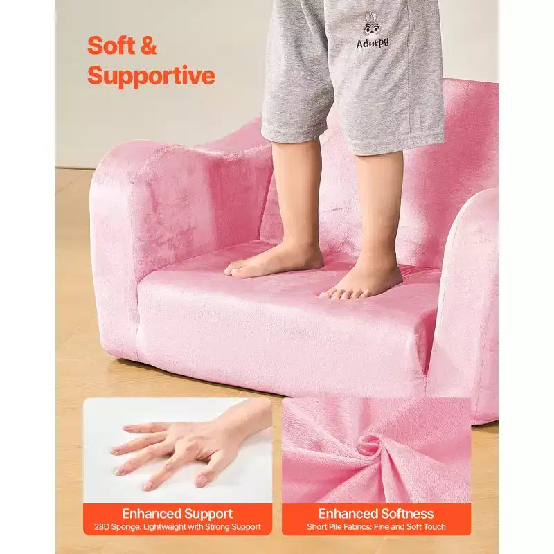 Divano per bambini pieghevole 2 in 1, divanetto convertibile in chaise longue, schiuma 28D, rosa