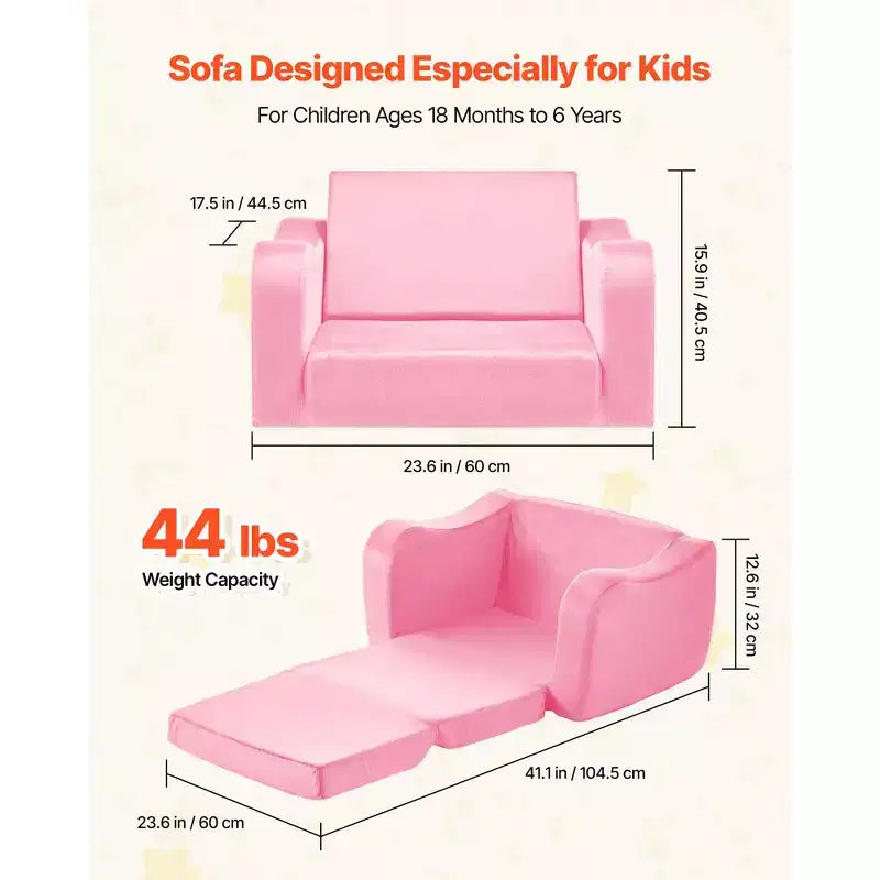 Divano per bambini pieghevole 2 in 1, divanetto convertibile in chaise longue, schiuma 28D, rosa