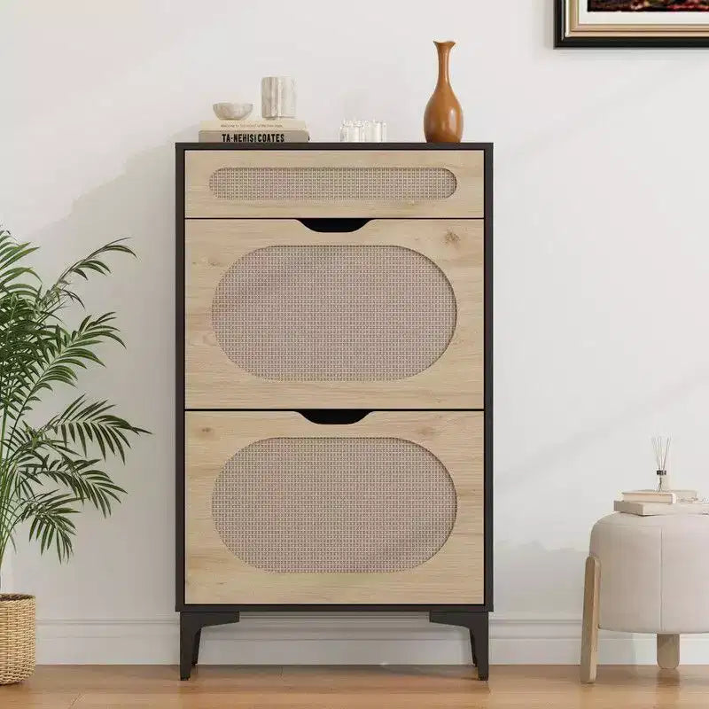 Scarpiera in Rattan con 2 Ante a Ribalta e 1 Cassetto Estraibile, Scarpiera Indipendente