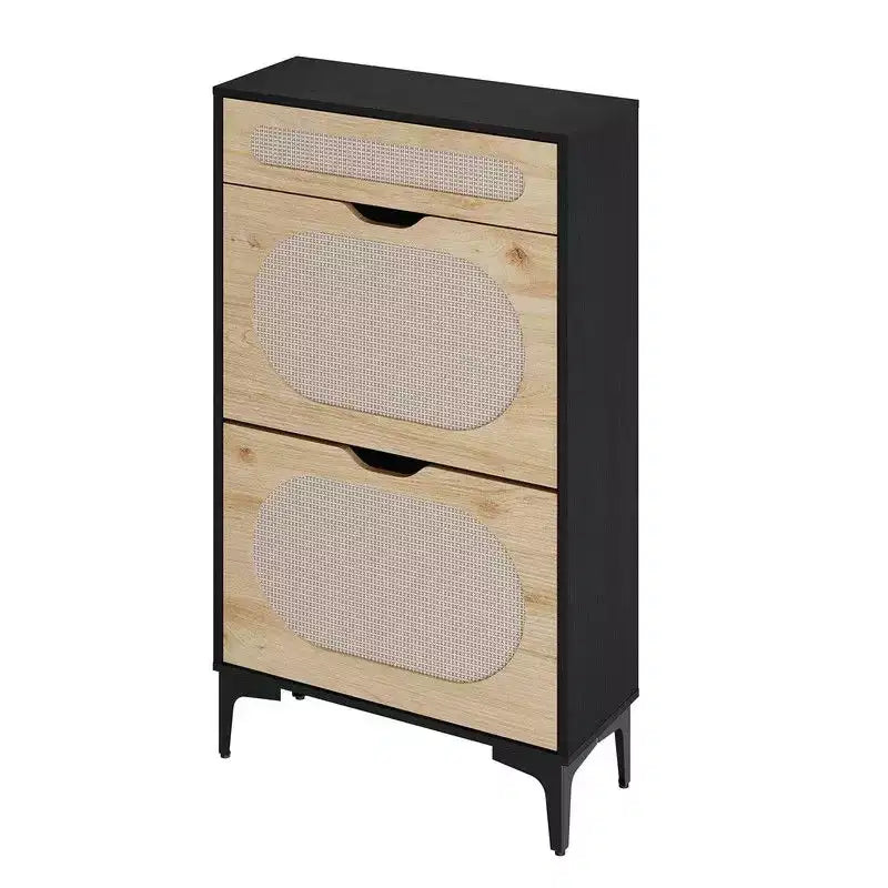 Scarpiera in Rattan con 2 Ante a Ribalta e 1 Cassetto Estraibile, Scarpiera Indipendente