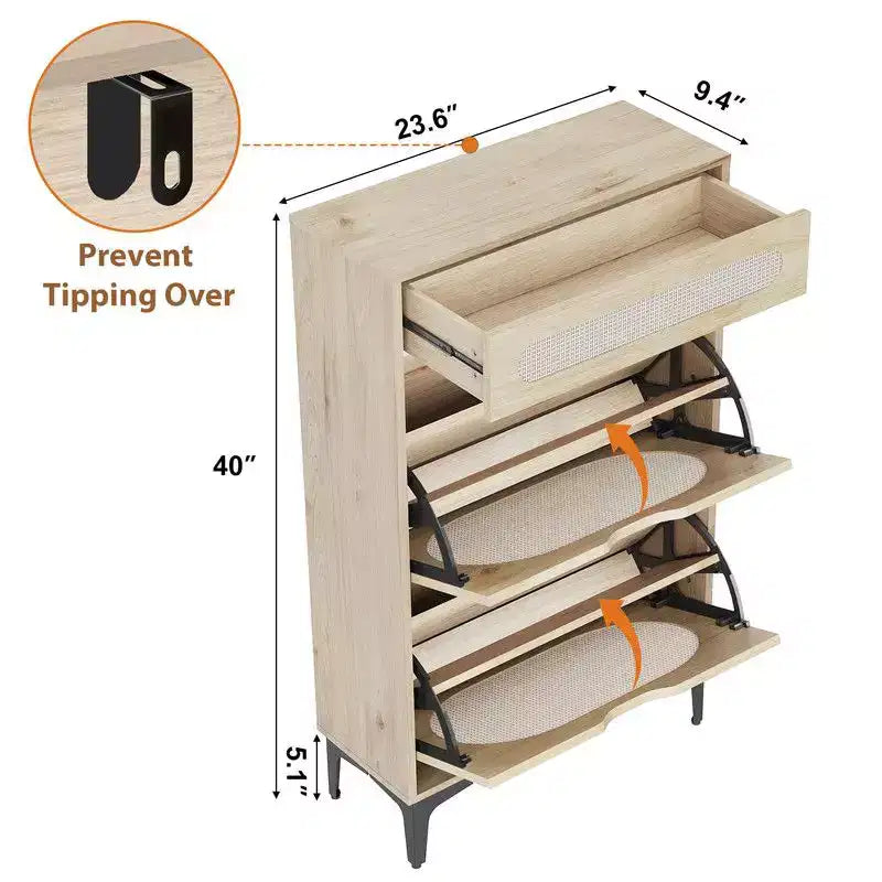 Scarpiera in Rattan con 2 Ante a Ribalta e 1 Cassetto Estraibile, Scarpiera Indipendente