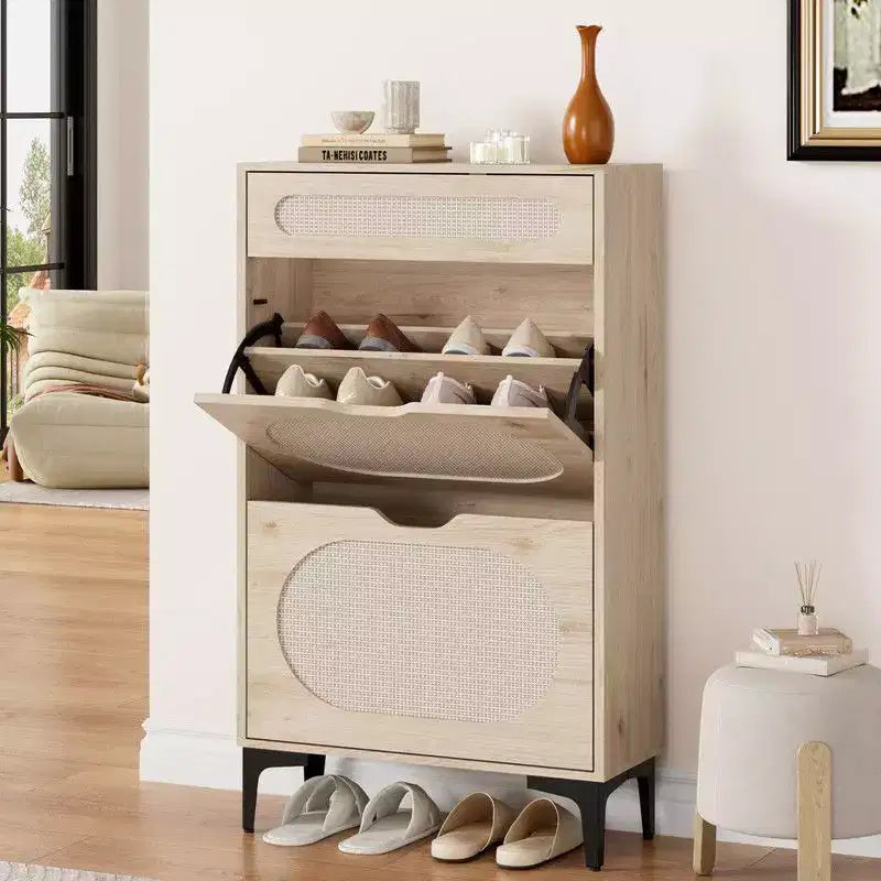 Scarpiera in Rattan con 2 Ante a Ribalta e 1 Cassetto Estraibile, Scarpiera Indipendente