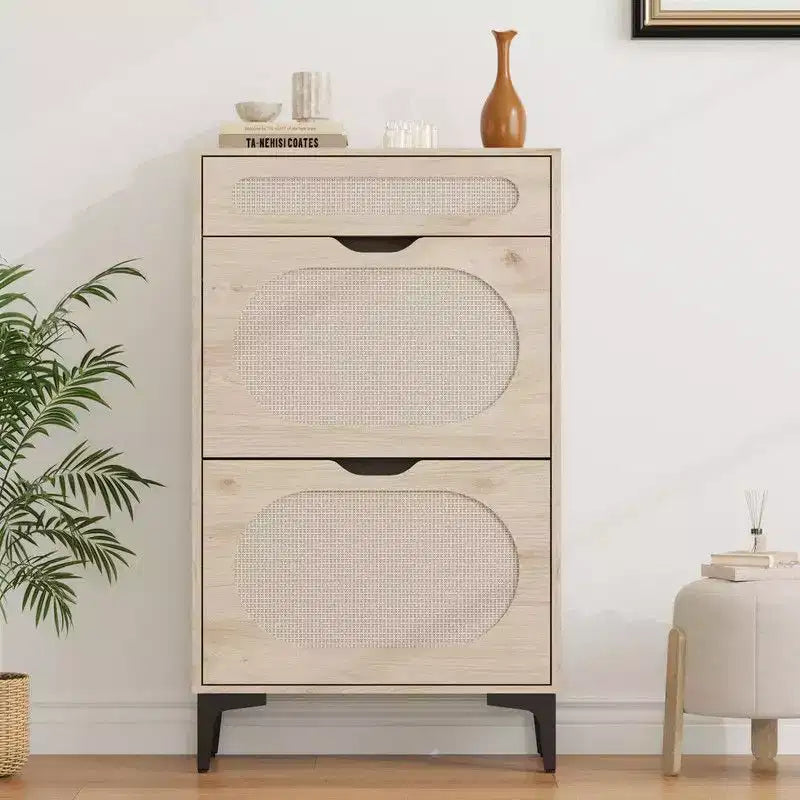 Scarpiera in Rattan con 2 Ante a Ribalta e 1 Cassetto Estraibile, Scarpiera Indipendente