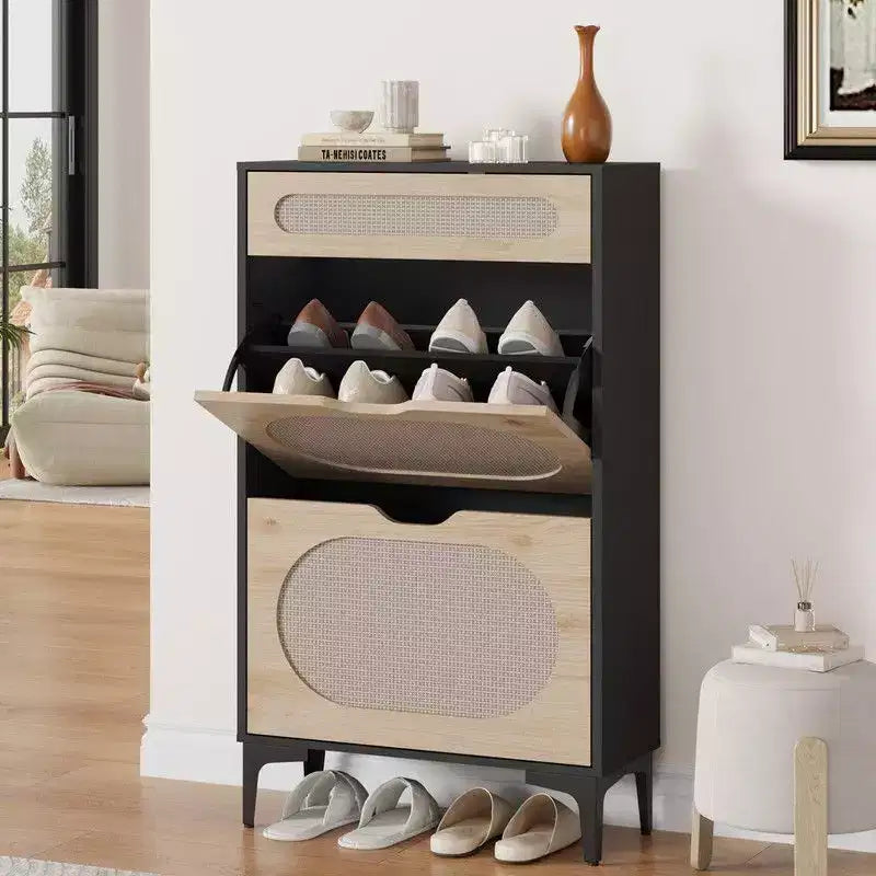 Scarpiera in Rattan con 2 Ante a Ribalta e 1 Cassetto Estraibile, Scarpiera Indipendente