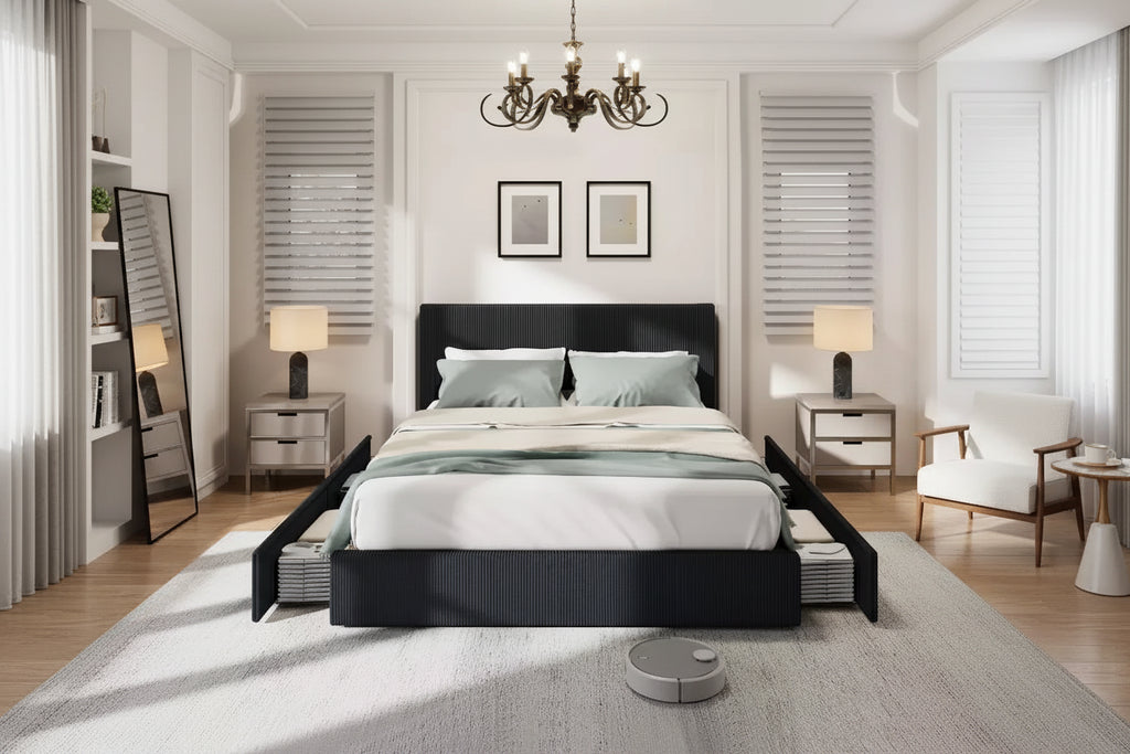 Acekool Corduroy Bed Frame with Headboard, Upholstered Platform with 4 Storage Drawers, Wood Slat Support, No Box Spring Needed