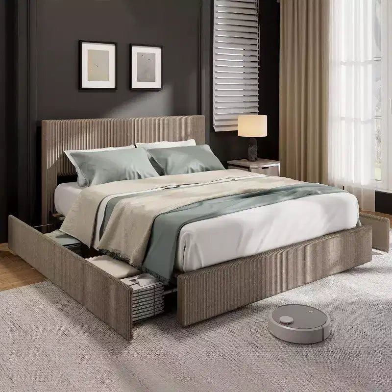 Struttura letto a piattaforma imbottita in velluto a coste con testiera e 4 cassetti contenitore
