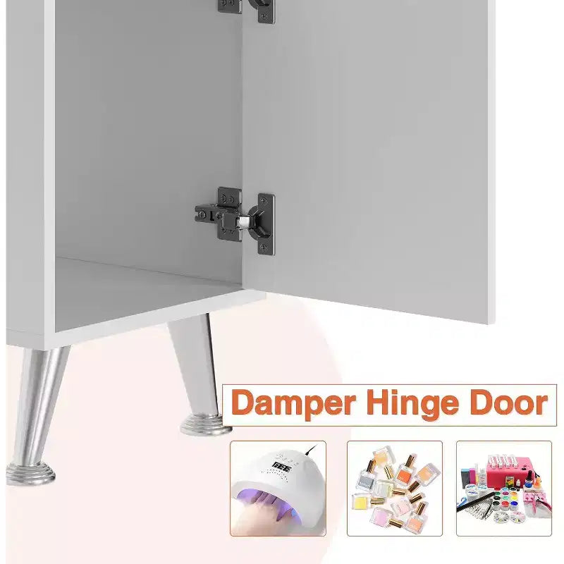 Tavolo manicure bianco 108 cm con aspiratore, poggiamani, 2 cassetti, mobiletto e 4 ripiani, postazione unghie
