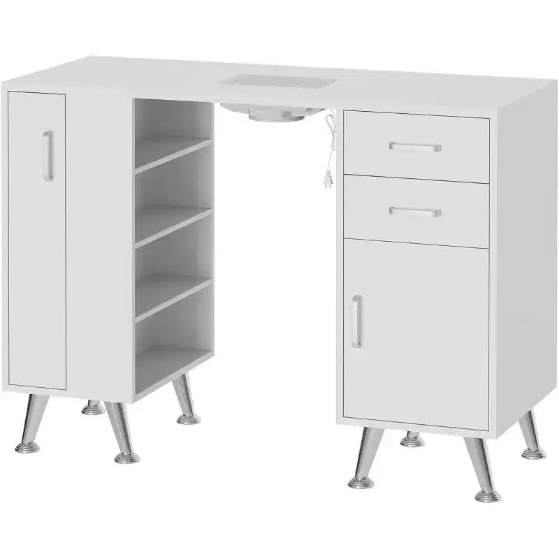 Tavolo manicure bianco 108 cm con aspiratore, poggiamani, 2 cassetti, mobiletto e 4 ripiani, postazione unghie