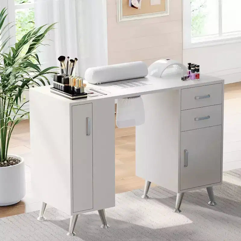 Tavolo manicure bianco 108 cm con aspiratore, poggiamani, 2 cassetti, mobiletto e 4 ripiani, postazione unghie