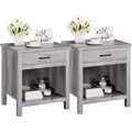 Acekool Farmhouse Nightstand Set of 2, Grey End Tables with Drawer & Open Shelf, Modern Bedside Tables for Bedroom, Living Room, Office