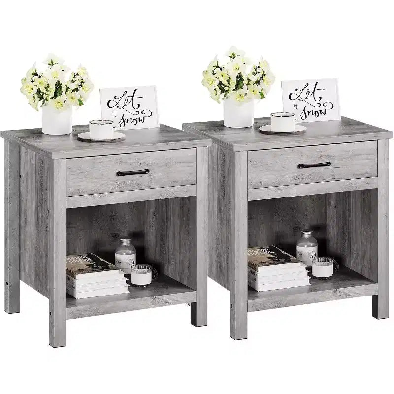 Acekool Farmhouse Nightstand Set of 2, Grey End Tables with Drawer & Open Shelf, Modern Bedside Tables for Bedroom, Living Room, Office