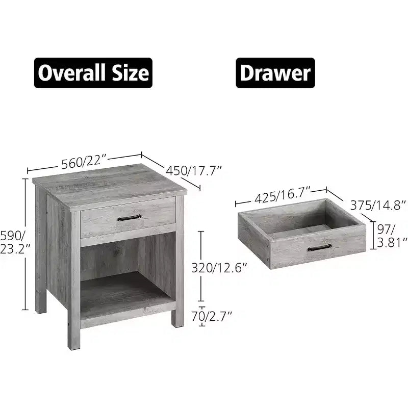 Set di 2 comodini da fattoria con cassetto e ripiano aperto, comodini in legno grigio per camera da letto o ufficio