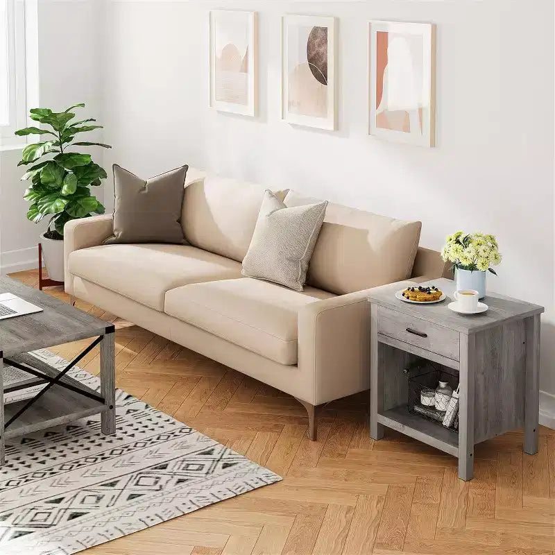 Set di 2 comodini da fattoria con cassetto e ripiano aperto, comodini in legno grigio per camera da letto o ufficio