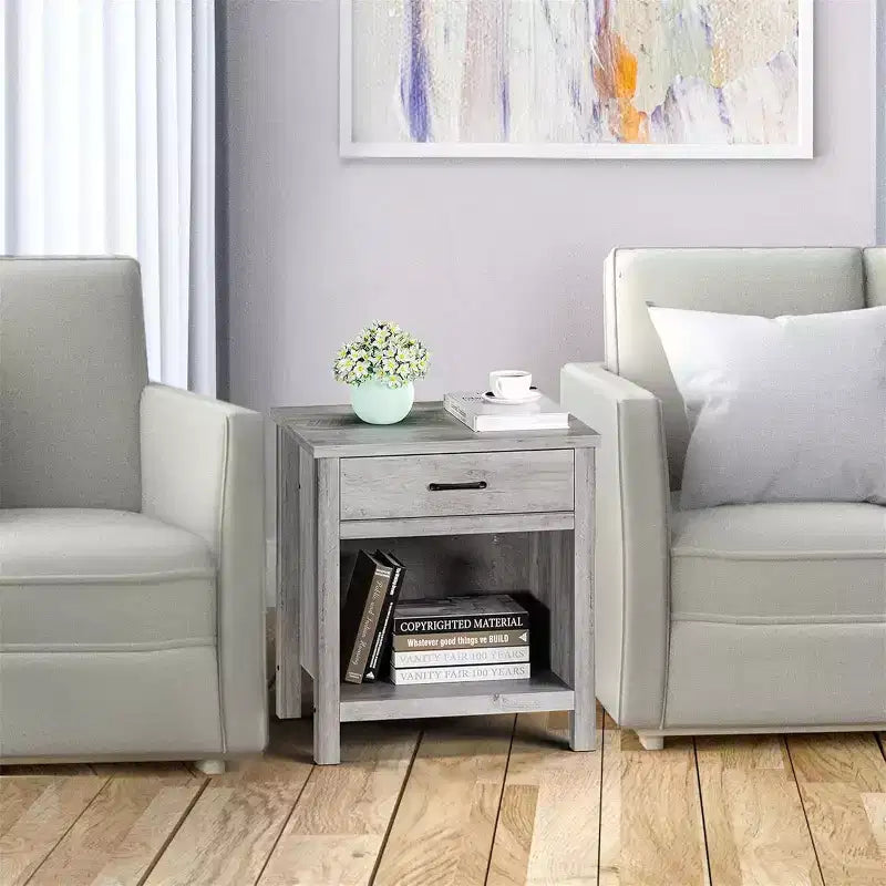 Set di 2 comodini da fattoria con cassetto e ripiano aperto, comodini in legno grigio per camera da letto o ufficio