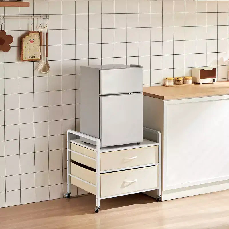 Supporto per Mini Frigo con Contenitore, Capacità 80 kg, 2 Cassetti e 4 Ruote Girevoli