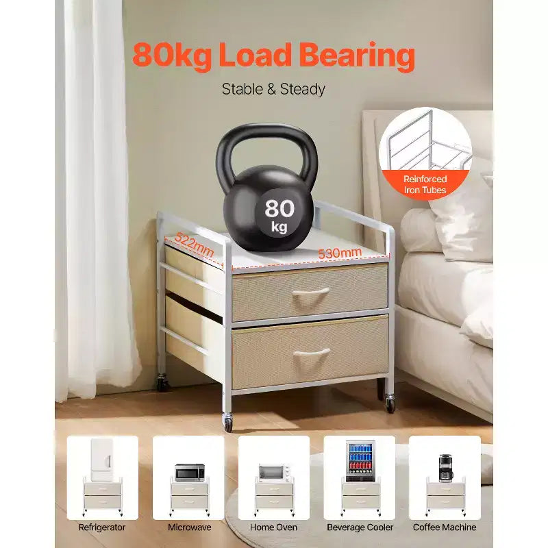Supporto per Mini Frigo con Contenitore, Capacità 80 kg, 2 Cassetti e 4 Ruote Girevoli