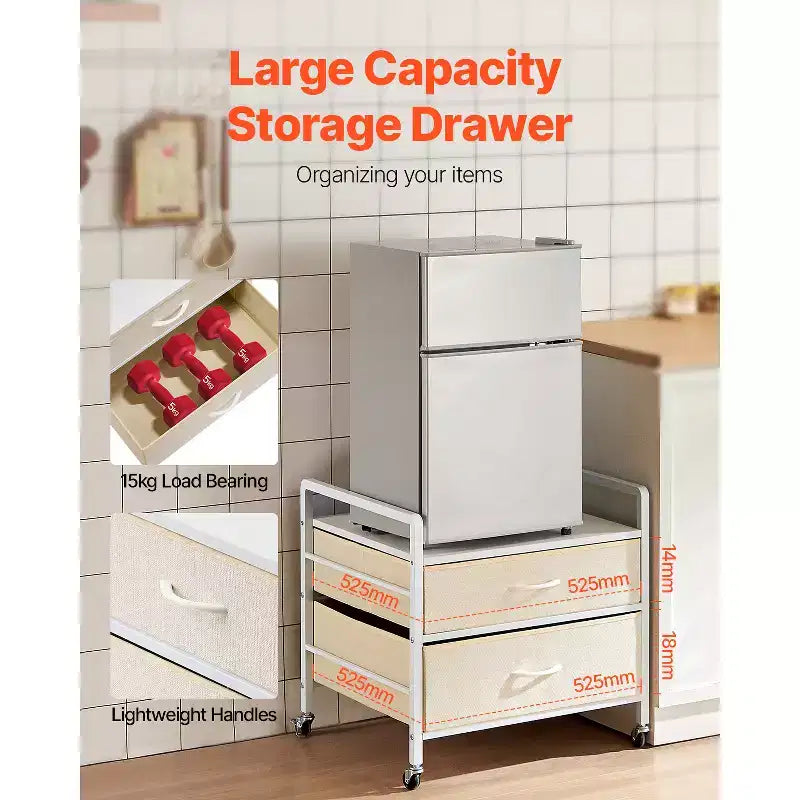 Supporto per Mini Frigo con Contenitore, Capacità 80 kg, 2 Cassetti e 4 Ruote Girevoli