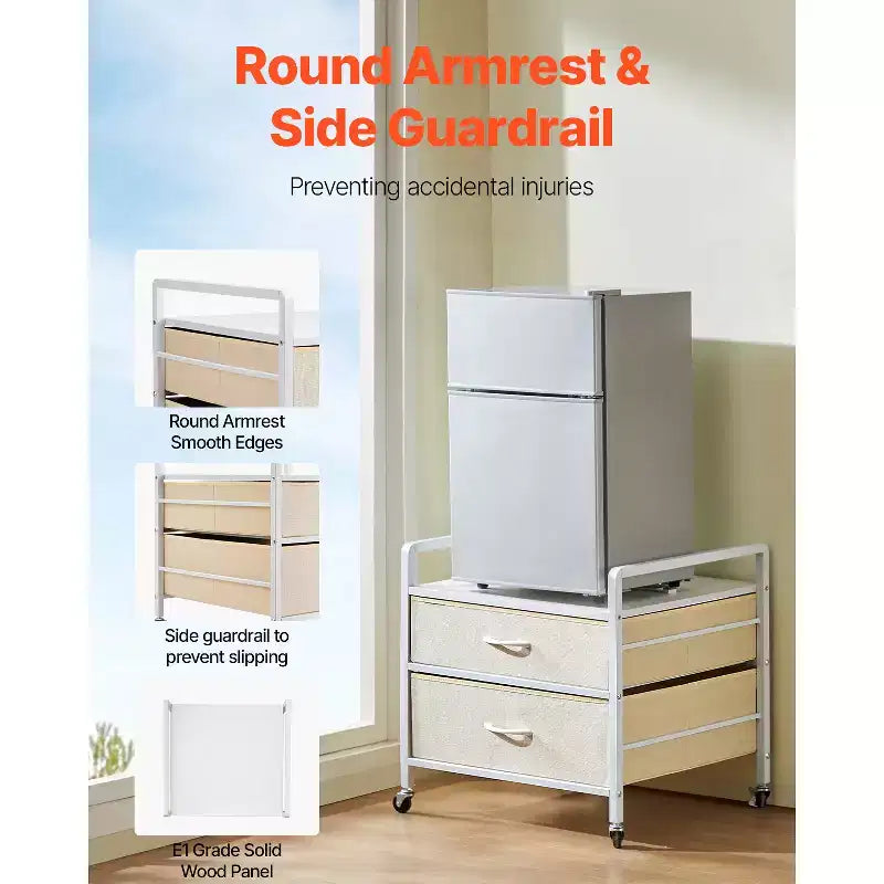 Supporto per Mini Frigo con Contenitore, Capacità 80 kg, 2 Cassetti e 4 Ruote Girevoli