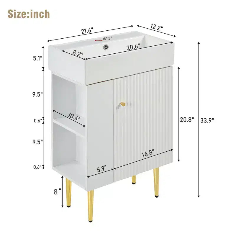Mobile bagno da 54,8 cm con lavabo in ceramica, mobile a pavimento con ripiani sul lato sinistro