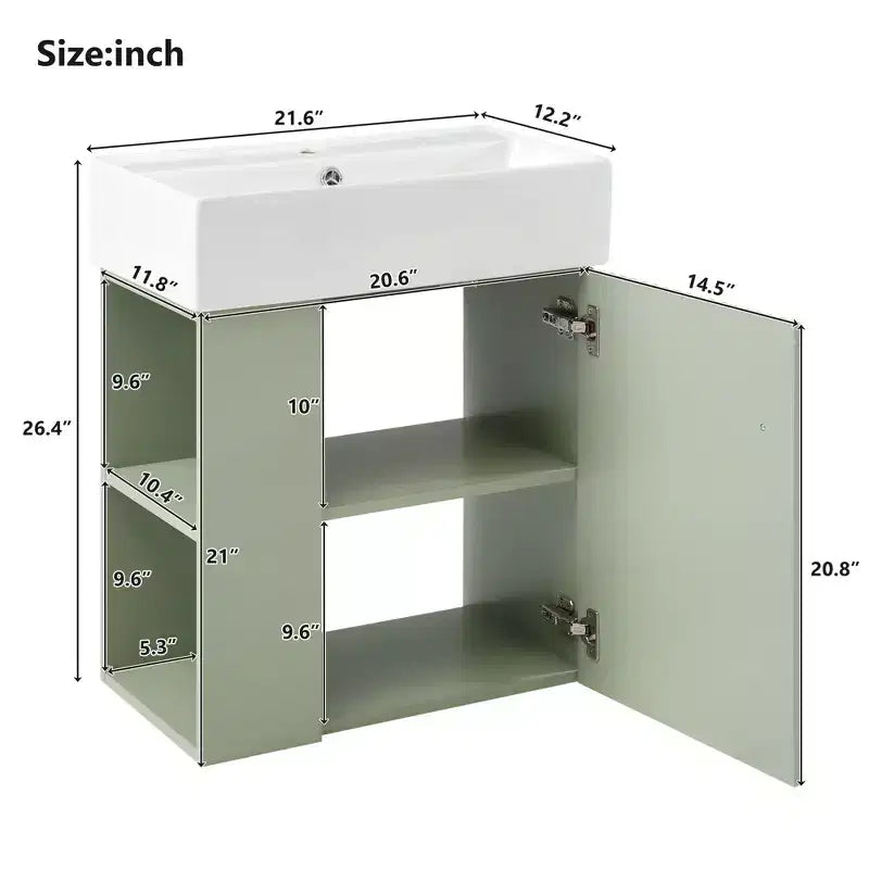 Mobile bagno da 54,8 cm con lavabo in ceramica, mobile a pavimento con ripiani sul lato sinistro