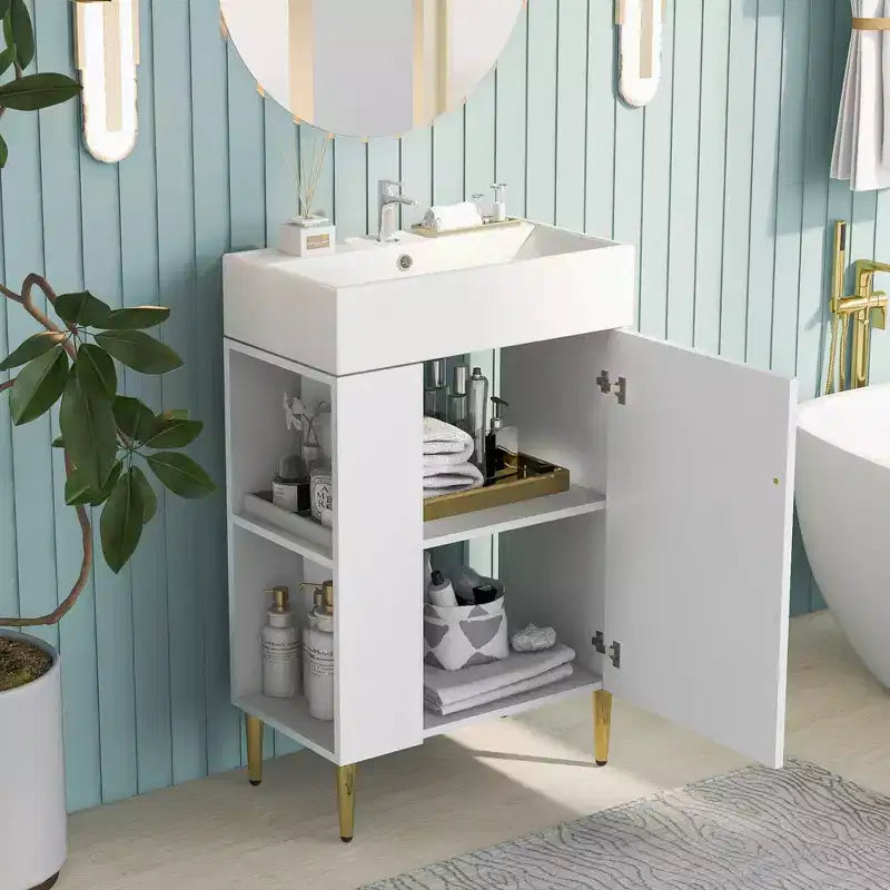 Mobile bagno da 54,8 cm con lavabo in ceramica, mobile a pavimento con ripiani sul lato sinistro