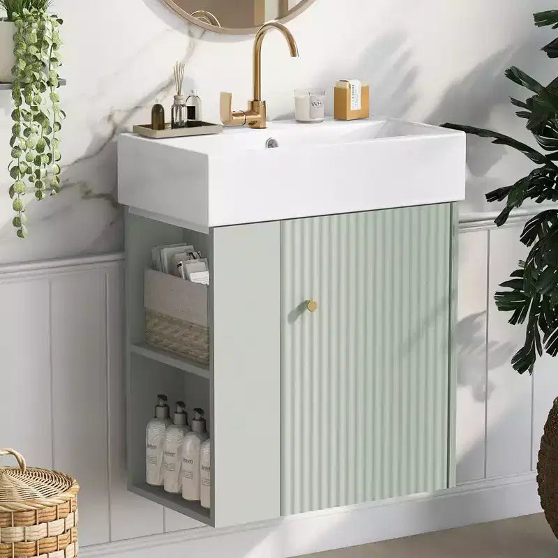 Mobile bagno da 54,8 cm con lavabo in ceramica, mobile a pavimento con ripiani sul lato sinistro