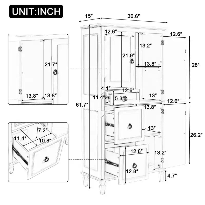 Mobiletto bagno, Mobiletto a parete o da terra con 4 ripiani, Bianco