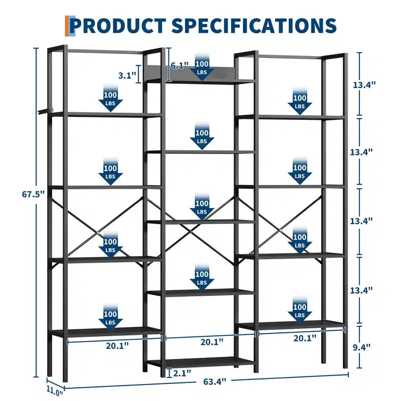 Libreria a 5 Ripiani, Scaffale Largo con 14 Ripiani Aperti, Scaffale Regolabile con Struttura in Metallo, Grande Scaffale Etagere per Soggiorno Ufficio