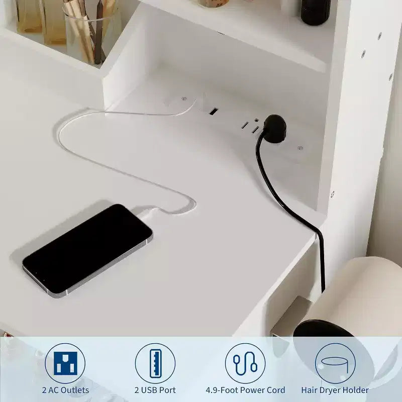 Toeletta con Specchio e Luci, Cassetti portaoggetti, Ripiani, Mobiletto e Sedia, 3 Modalità di Illuminazione e Luminosità Regolabile, per Camera da Letto, Salotto