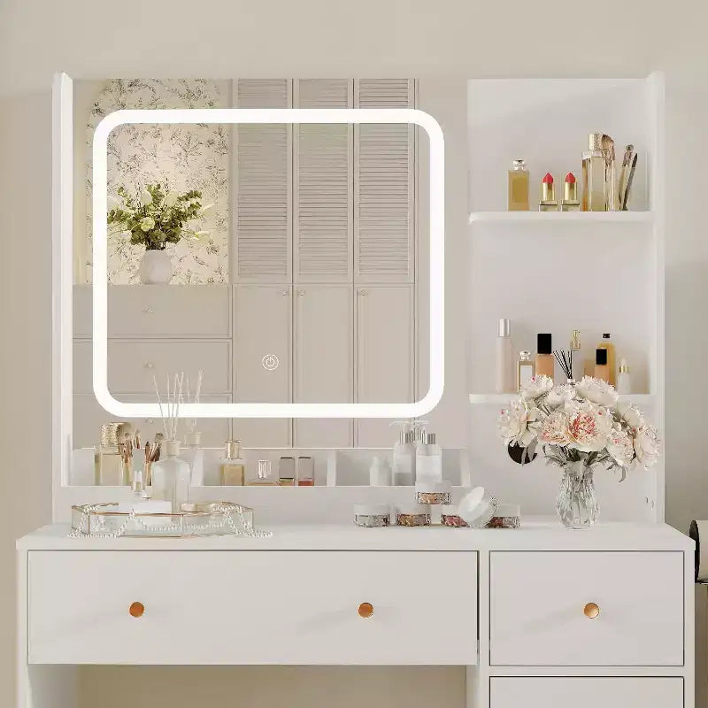 Toeletta con Specchio e Luci, Cassetti portaoggetti, Ripiani, Mobiletto e Sedia, 3 Modalità di Illuminazione e Luminosità Regolabile, per Camera da Letto, Salotto