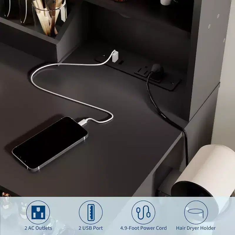 Toeletta con Specchio e Luci, Cassetti portaoggetti, Ripiani, Mobiletto e Sedia, 3 Modalità di Illuminazione e Luminosità Regolabile, per Camera da Letto, Salotto