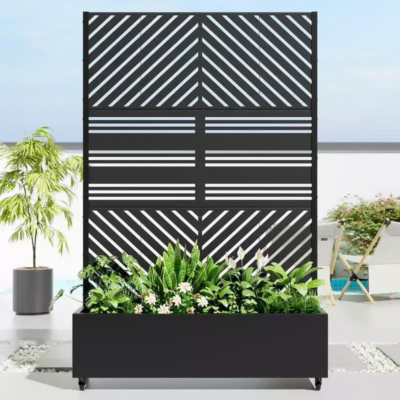 Fioriera in Alluminio a 3 Pezzi con Spalliera in Ferro, 183x119x41 cm, Design a Persiana e a Linee Parallele, Nera