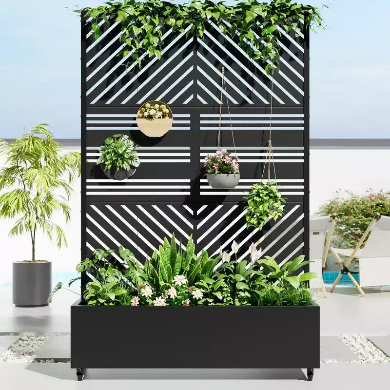 Fioriera in Alluminio a 3 Pezzi con Spalliera in Ferro, 183x119x41 cm, Design a Persiana e a Linee Parallele, Nera