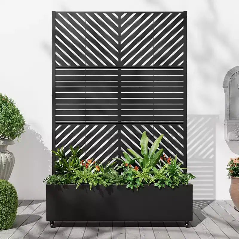 Fioriera in Alluminio a 3 Pezzi con Spalliera in Ferro, 183x119x41 cm, Design a Persiana e a Linee Parallele, Nera