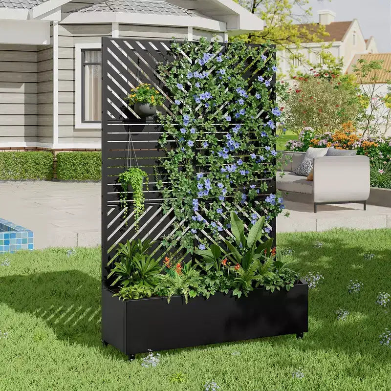 Fioriera in Alluminio a 3 Pezzi con Spalliera in Ferro, 183x119x41 cm, Design a Persiana e a Linee Parallele, Nera