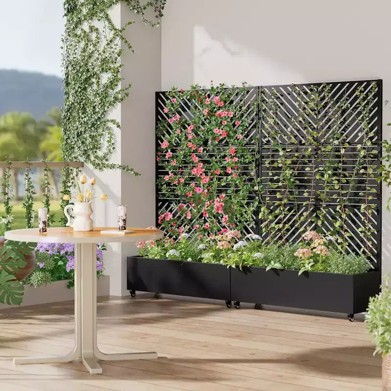 Fioriera in Alluminio a 3 Pezzi con Spalliera in Ferro, 183x119x41 cm, Design a Persiana e a Linee Parallele, Nera