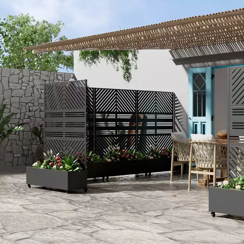 Fioriera in Alluminio a 3 Pezzi con Spalliera in Ferro, 183x119x41 cm, Design a Persiana e a Linee Parallele, Nera