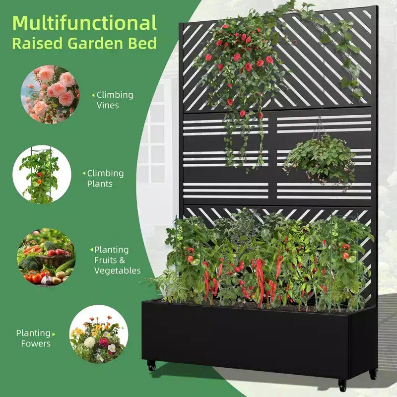 Fioriera in Alluminio a 3 Pezzi con Spalliera in Ferro, 183x119x41 cm, Design a Persiana e a Linee Parallele, Nera