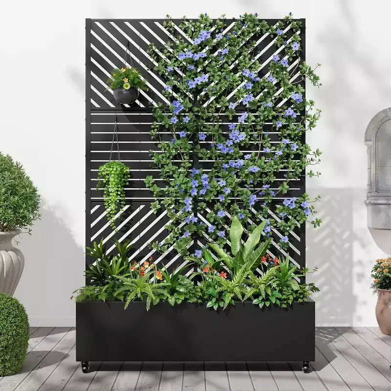 Fioriera in Alluminio a 3 Pezzi con Spalliera in Ferro, 183x119x41 cm, Design a Persiana e a Linee Parallele, Nera