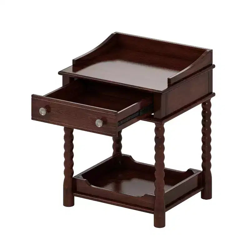 Comodino Vintage Retrò con Cassetto e Ripiano Aperto, Gambe Tornite, Marrone e Bianco