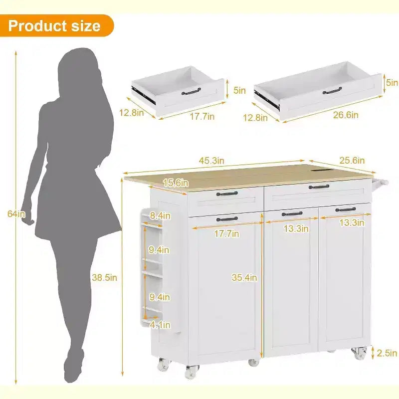 Carrello da Cucina con Ruote con Presa Elettrica, Cassetti e Prolunga a Ribalta