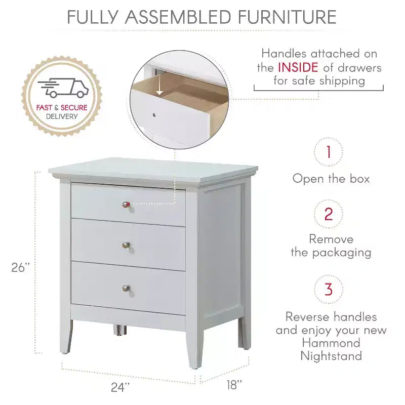Comodino Bianco con 3 Cassetti, Tavolino Compatto da 66x61x46 cm, Nessun Montaggio
