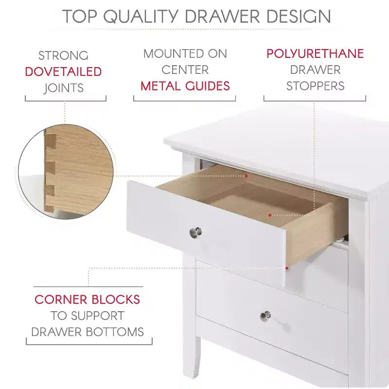 Comodino Bianco con 3 Cassetti, Tavolino Compatto da 66x61x46 cm, Nessun Montaggio