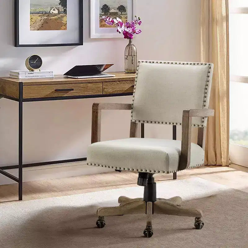 Sedia girevole da ufficio moderna con borchie, tessuto misto lino, altezza regolabile, portata 100 kg