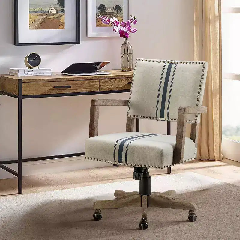 Sedia girevole da ufficio moderna con borchie, tessuto misto lino, altezza regolabile, portata 100 kg